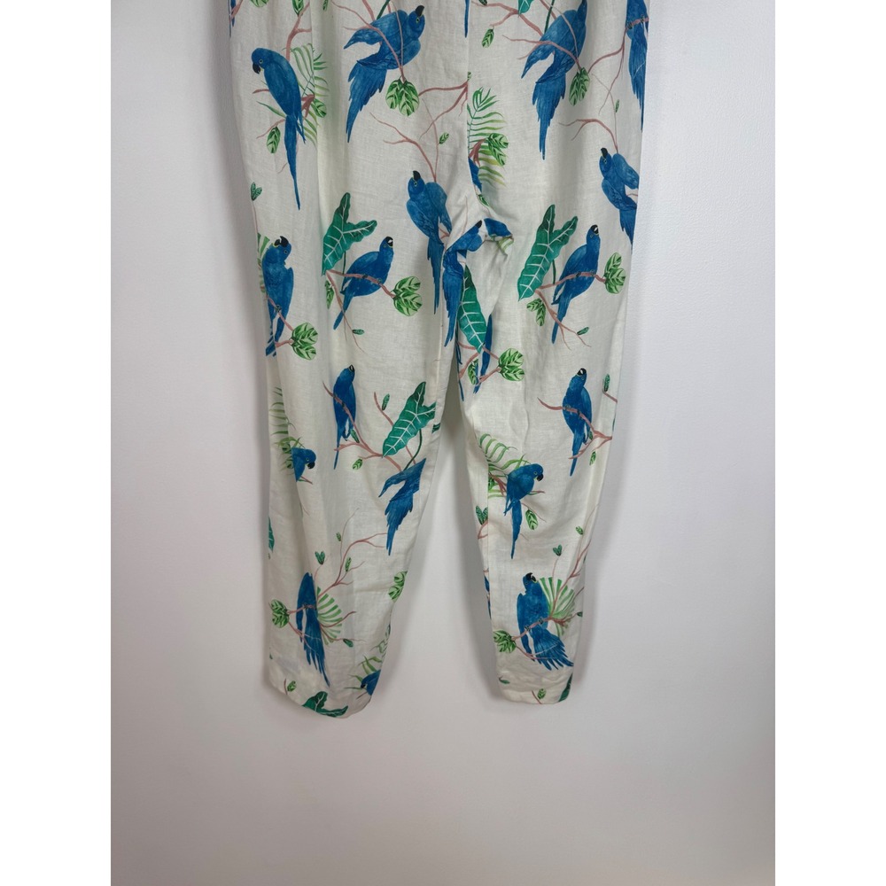 Tropical Farm Rio Womens S Strapless Jumpsuit White Blue Macaw Linen Blend Tie - Picture 13 of 13